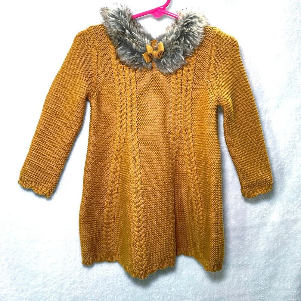 Tahari Baby Girls Mustard Yellow Faux Fur Sweater Dress Size 12 mo Fall Pumpkin